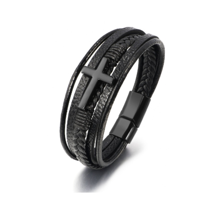 Bratara din piele cu cruce neagra, 21cm, detalii din inox 316L, antialergica