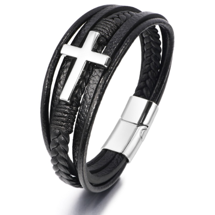 Bratara din piele impletita cu cruce argintie, 23cm, detalii din inox, antialergica