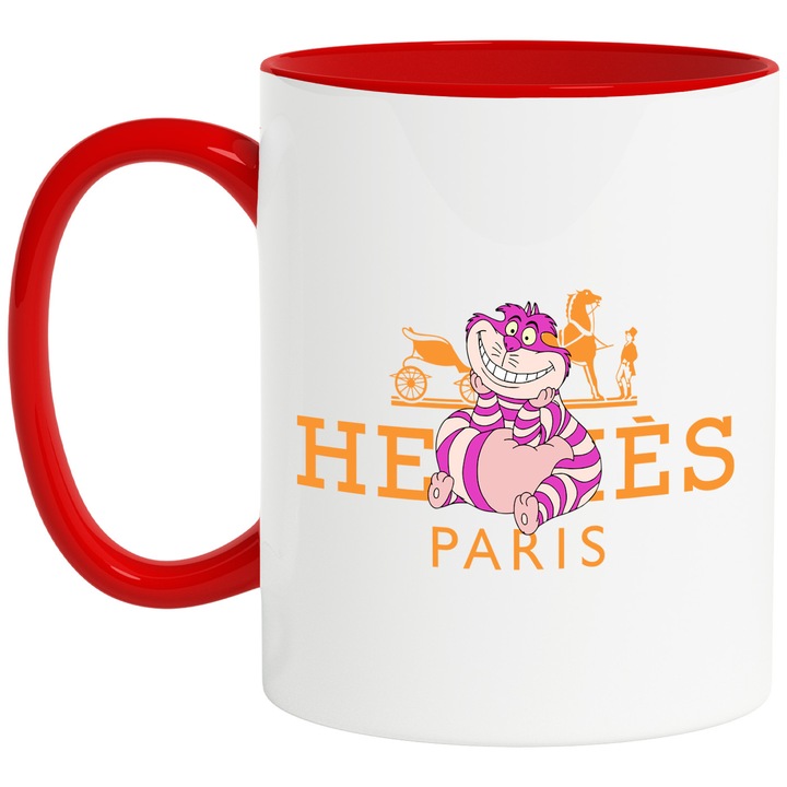 Cana Cu Pisica Cheshire, Cu Textul "Hermes Paris" - Design 2, Ceramica, 330ML, Cu Maner si Interior Rosu