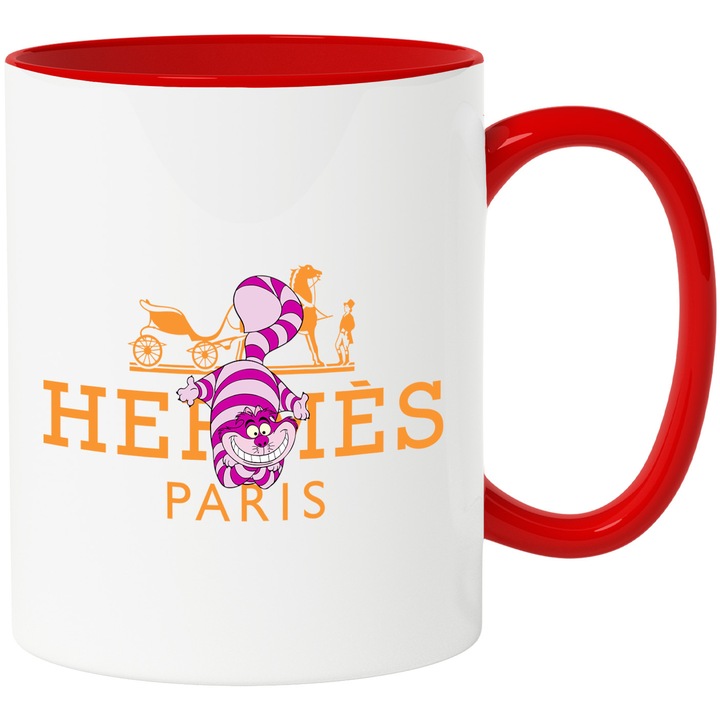 Cana Cu Pisica Cheshire, Cu Textul "Hermes Paris" - Design 3, Ceramica, 330ML, Cu Maner si Interior Rosu