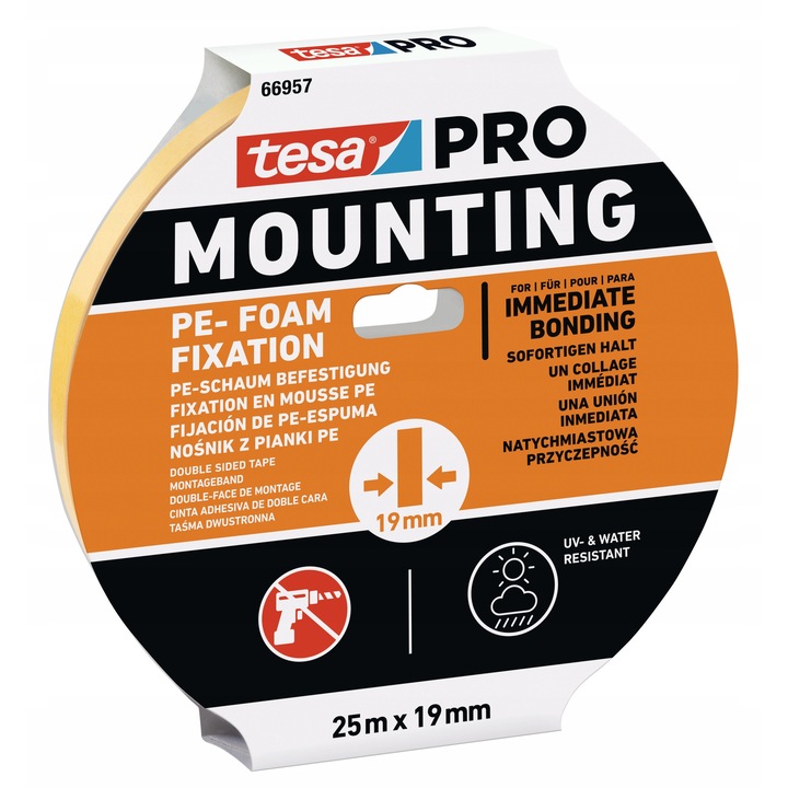 Двустранна лента Tesa PRO Montaj PE 25м x 19мм, устойчива на UV лъчи и вода