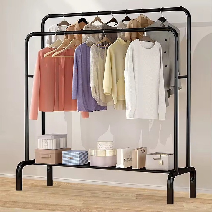 Suport metalic dublu de umerase pentru haine Razo – Negru, 110 x 57 x 150 cm, capacitate 35 kg