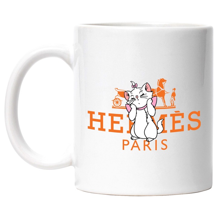 Cana Cu Pisicile Aristrocate, Cu Textul "Hermes Paris" - Design 1, Ceramica, 330ML, Cu Maner si Interior Alb