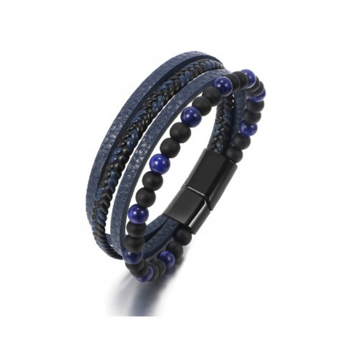 Bratara din piele pentru barbati, cu inchidere magnetica, obsidian, albastra, 21 cm
