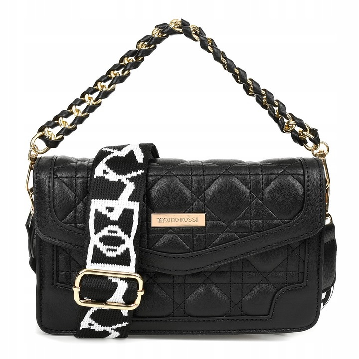 Geanta dama BrunoRossi, neagra, 13x21x5cm, cu lant aurit, cu compartiment interior.