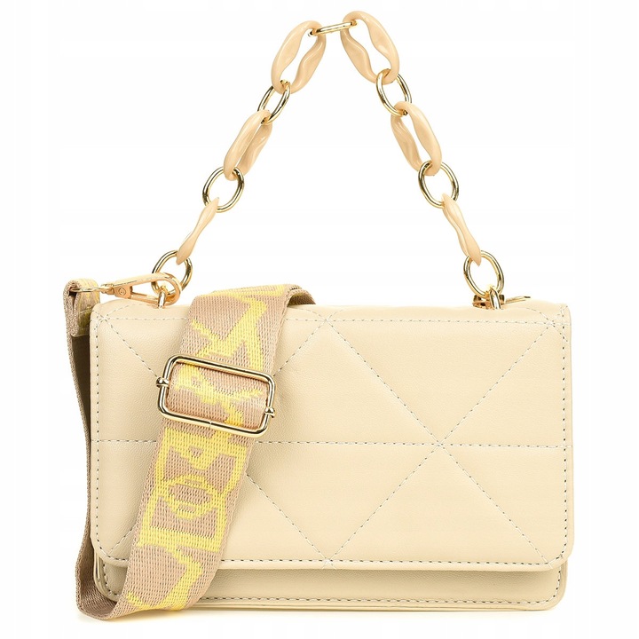 Дамска чанта BrunoRossi, модел плик, екокожа, бежова, размери 12,5x20x5см, с верижка и регулируема презрамка.