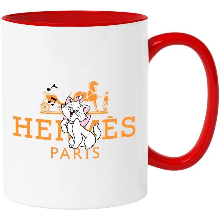 Cana Cu Pisicile Aristrocate, Cu Textul "Hermes Paris" - Design 10, Ceramica, 330ML, Cu Maner si Interior Rosu
