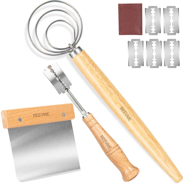 Set 3 talcui pentru prepararea painii taietor de aluat, carlig de aluat si spatule, otel inoxidabil si lemn de stejar