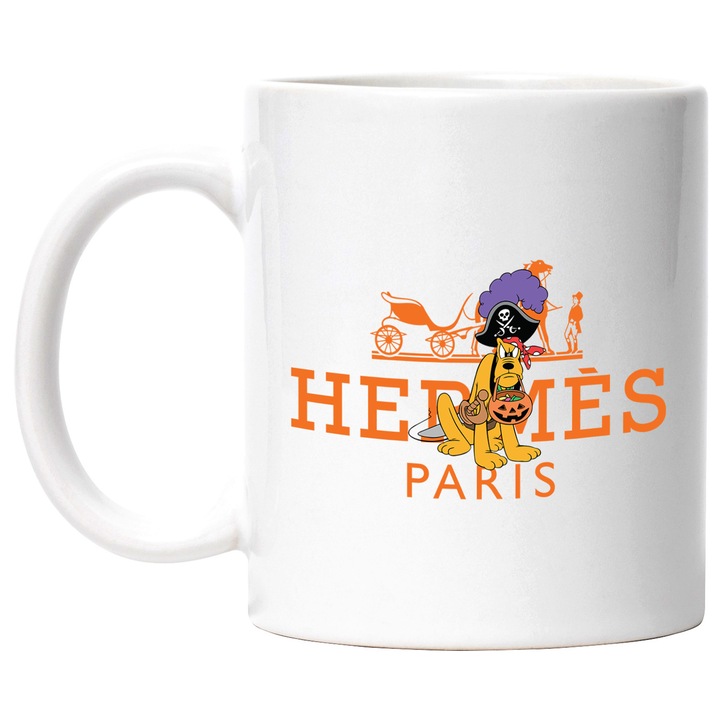 Cana Cu Pluto, Cu Textul "Hermes Paris" - Design 4, Ceramica, 330ML, Cu Maner si Interior Alb