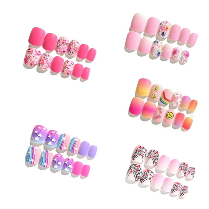 Set 120 unghii false 3D embosate, cu adezivi gel reutilizabili, pentru nail art, multicolor