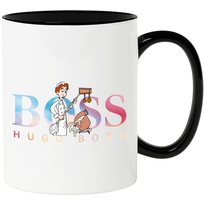 Cana Cu Ratatouille, Cu Textul "Hugo Boss" - Design 11, Ceramica, 330ML, Cu Maner si Interior Negru