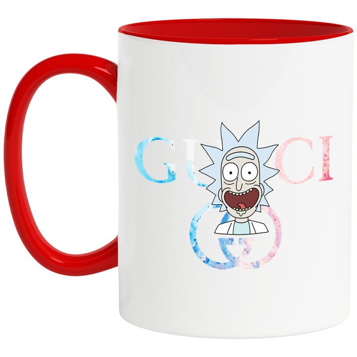 Cana Cu Rick & Morty, Cu Textul "Gucci" - Design 3, Ceramica, 330ML, Cu Maner si Interior Rosu
