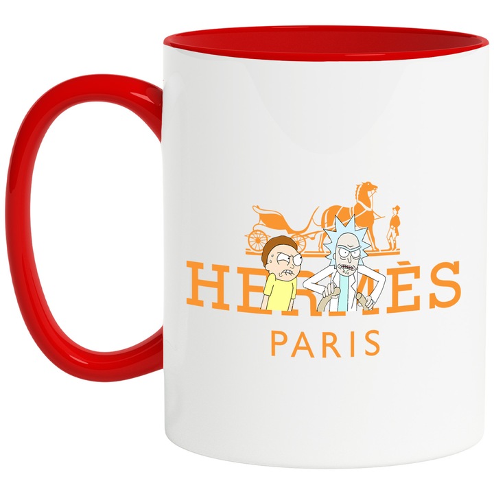 Cana Cu Rick & Morty, Cu Textul "Hermes Paris" - Design 2, Ceramica, 330ML, Cu Maner si Interior Rosu