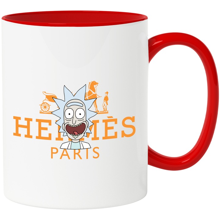 Cana Cu Rick & Morty, Cu Textul "Hermes Paris" - Design 3, Ceramica, 330ML, Cu Maner si Interior Rosu