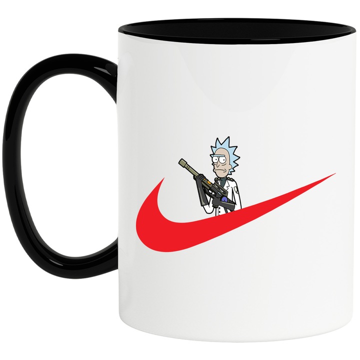 Cana Cu Rick & Morty, Cu Textul "Nike" - Design 4, Ceramica, 330ML, Cu Maner si Interior Negru