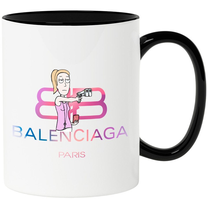 Cana Cu Rick & Morty, Cu Textul "Balenciaga Paris" - Design 5, Ceramica, 330ML, Cu Maner si Interior Negru