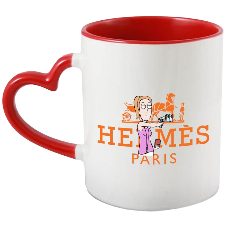 Cana Cu Rick & Morty, Cu Textul "Hermes Paris" - Design 5, Ceramica, 330ML, Cu Maner Inima Rosie si Interior Rosu