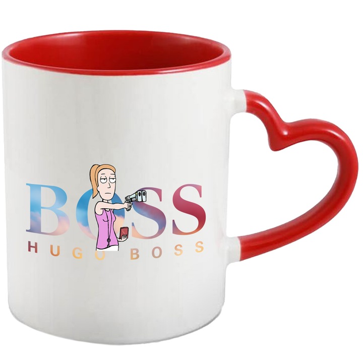 Cana Cu Rick & Morty, Cu Textul "Hugo Boss" - Design 5, Ceramica, 330ML, Cu Maner Inima Rosie si Interior Rosu