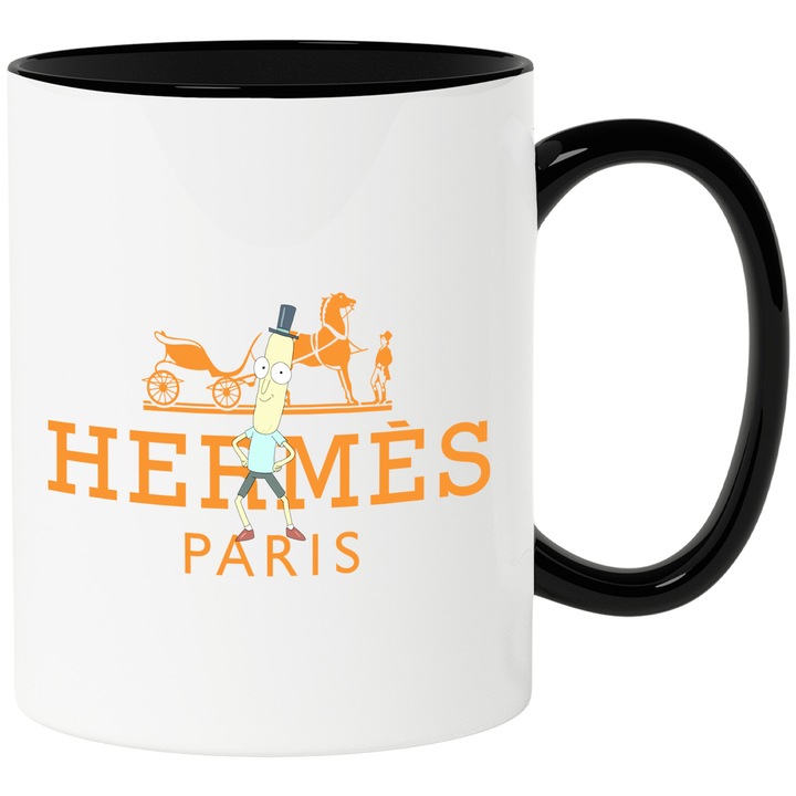 Cana Cu Rick & Morty, Cu Textul "Hermes Paris" - Design 6, Ceramica, 330ML, Cu Maner si Interior Negru