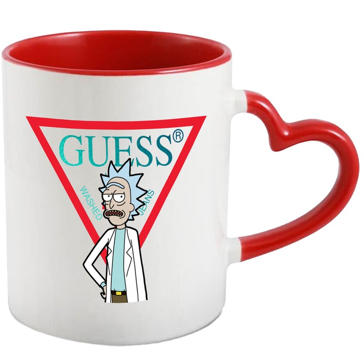 Cana Cu Rick & Morty, Cu Textul "Guess" - Design 7, Ceramica, 330ML, Cu Maner Inima Rosie si Interior Rosu