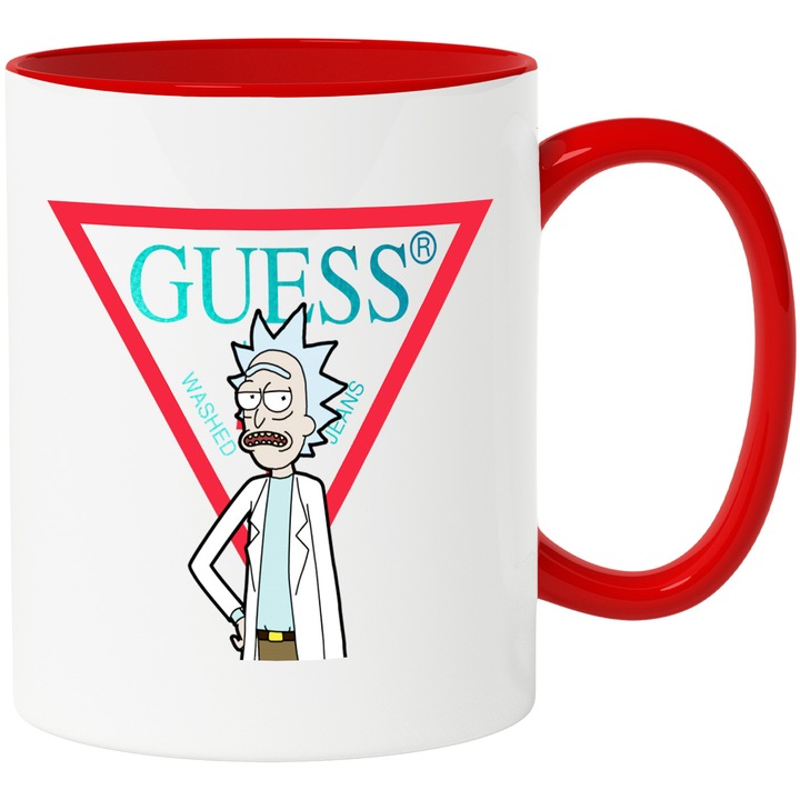 Cana Cu Rick & Morty, Cu Textul "Guess" - Design 7, Ceramica, 330ML, Cu Maner si Interior Rosu