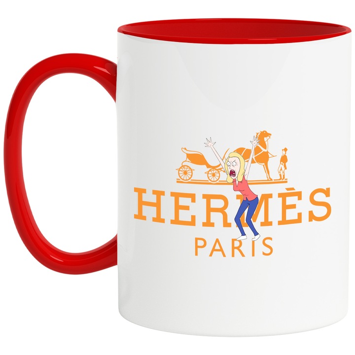 Cana Cu Rick & Morty, Cu Textul "Hermes Paris" - Design 8, Ceramica, 330ML, Cu Maner si Interior Rosu