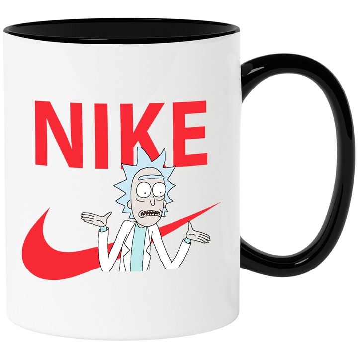 Cana Cu Rick & Morty, Cu Textul "Nike" - Design 9, Ceramica, 330ML, Cu Maner si Interior Negru