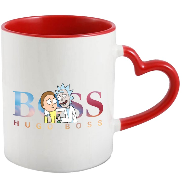 Cana Cu Rick & Morty, Cu Textul "Hugo Boss" - Design 12, Ceramica, 330ML, Cu Maner Inima Rosie si Interior Rosu