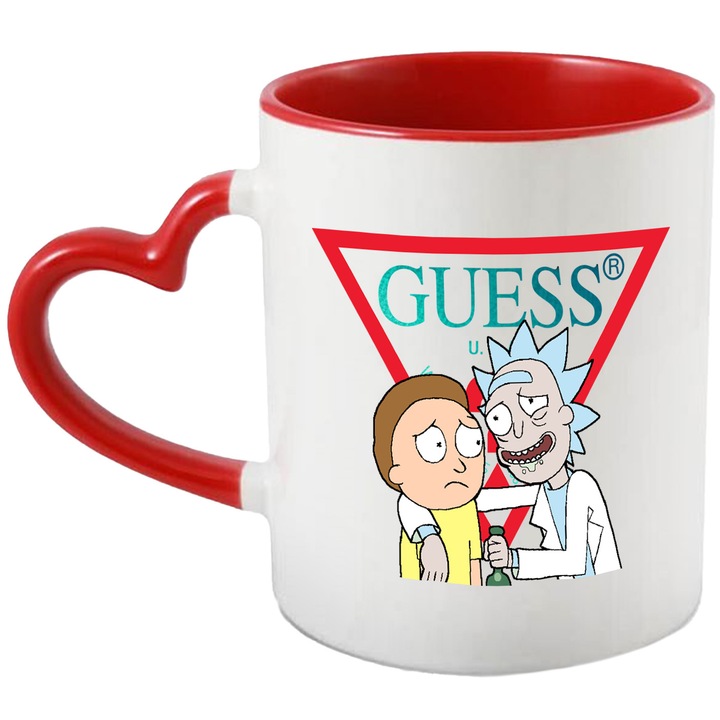 Cana Cu Rick & Morty, Cu Textul "Guess" - Design 12, Ceramica, 330ML, Cu Maner Inima Rosie si Interior Rosu
