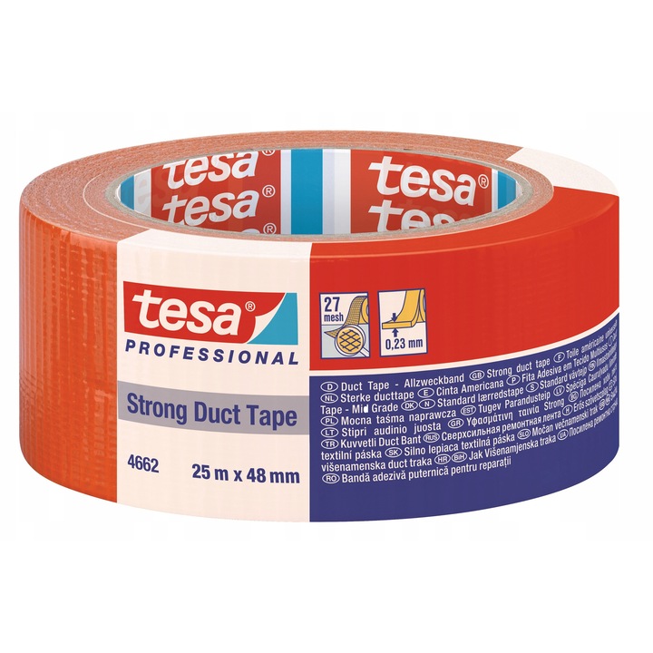 Banda adeziva Tesa Duct Tape 25m x 48mm, portocalie, rezistenta la apa, utilizare interioara si exterioara