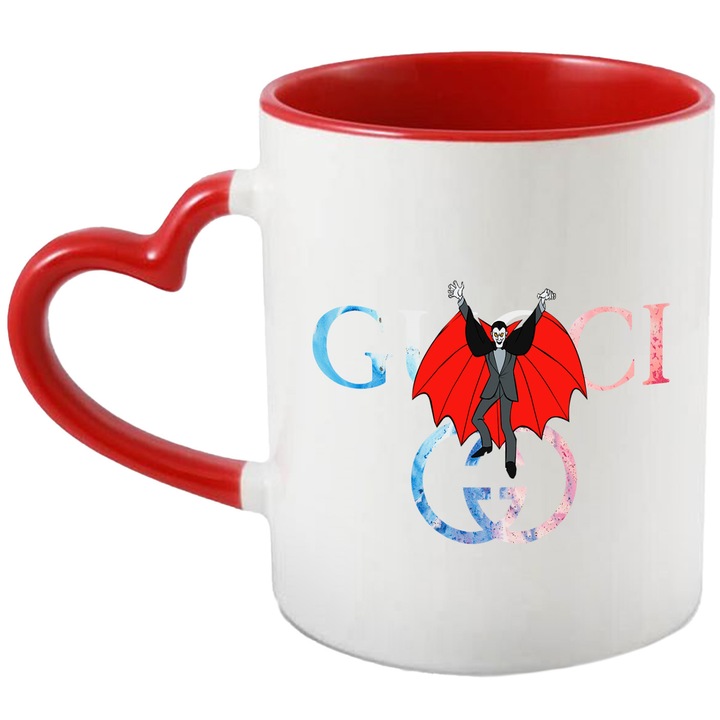 Cana Cu Scoobydoo, Cu Textul "Gucci" - Design 1, Ceramica, 330ML, Cu Maner Inima Rosie si Interior Rosu