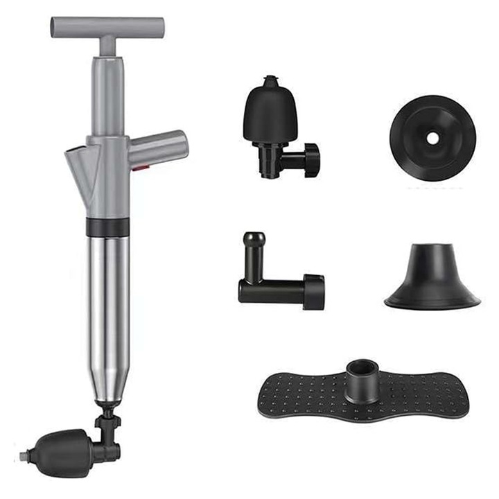 Sűrített levegős pumpa, Rqiurpn, Gyors felfújás, 5 csatlakozó, Hordozható, Könnyen telepíthető, Mosogató, Kád, Zuhanyzó, Eltömődött lefolyó, Csatorna, WC, Vízvezeték eltömődött csövek tisztításához, ABS/rozsdamentes acél, Nyomásmérő, Többszínű