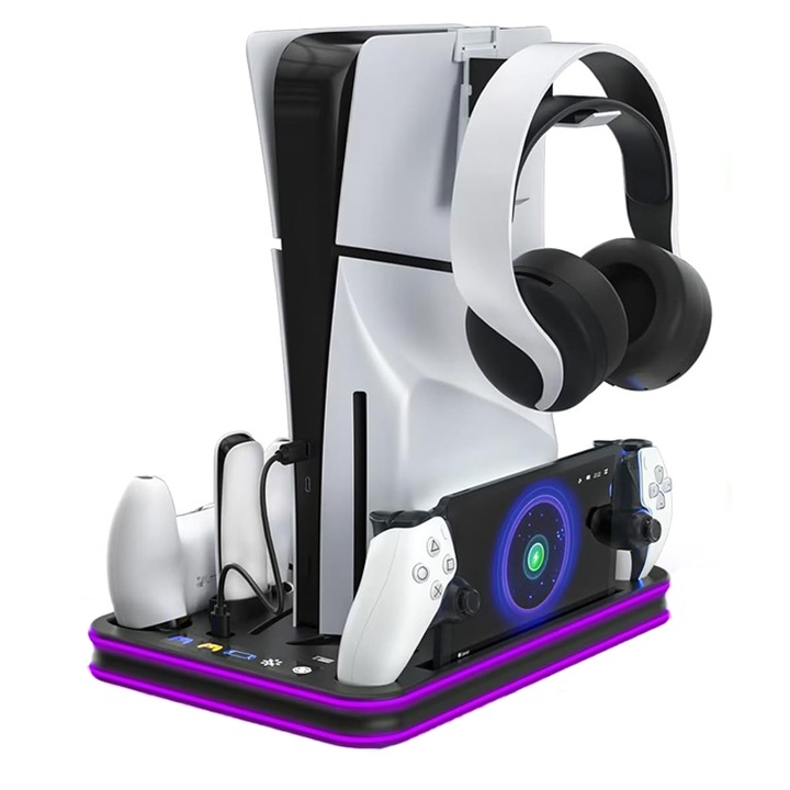 Stand racire Vertical, Omelivon, Multifunctional, Iluminare RGB, Incarcare Rapida Magnetica, Racire Turbo, cu 2 Porturi Incarcares Controlere si Suport casti, Cablu USB de Alimentare, pentru PlayStation PS5/PS5 Slim, Negru/Alb