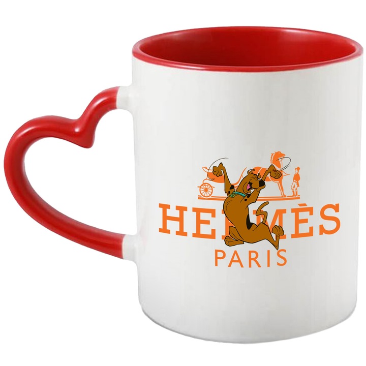 Cana Cu Scoobydoo, Cu Textul "Hermes Paris" - Design 3, Ceramica, 330ML, Cu Maner Inima Rosie si Interior Rosu