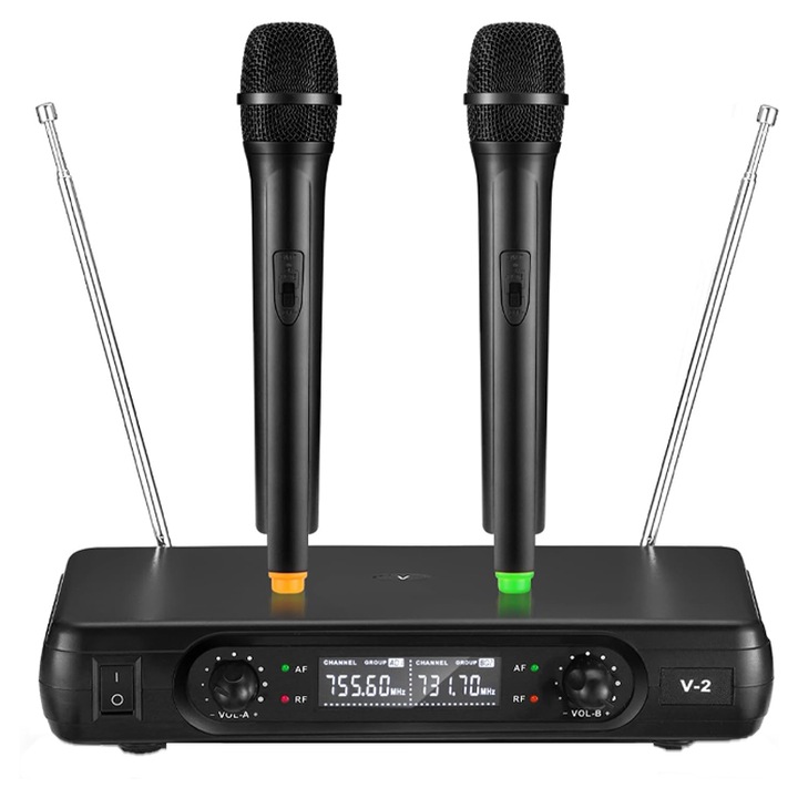 Set 2 Microfoane Wireless Profesionale, Omelivon, Fara Fir UHF, Receiver cu Display, Distanta de Operare 50m, Omnidirectionale, Portabile, pentru Karaoke, Conferinte, Evenimente, Negru