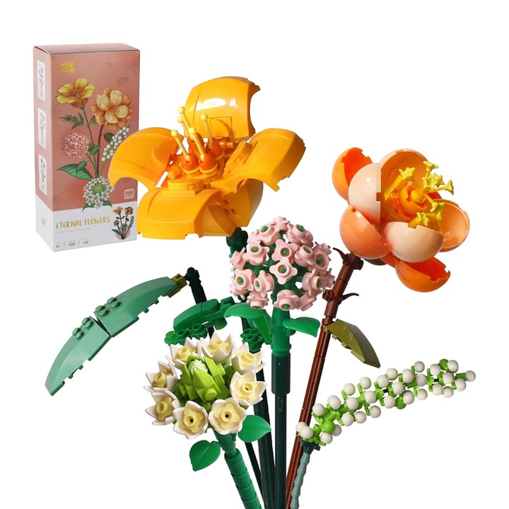 Set de Constructie Buchet de Flori, Duueyct, 456 Piese, Flori Artificiale, Cadou Ideal pentru Femei, Decorare Unica, Multicolor