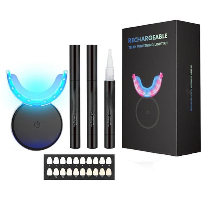 Set pentru Albirea Dintilor, Rqiurpn, Albire Fara Peroxid, Aparat Profesional LED, 3 Stilouri cu Gel, Negru