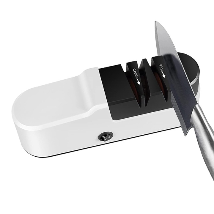 Dispozitiv Electric Profesional pentru Ascutit Cutite, Omelivon, Ascutire Fina, 4 Sloturi si Discuri de Ascutire Diamantate Toate Tipurile de Unelte, Dimensiuni Compacte, Plastic, Negru/Alb