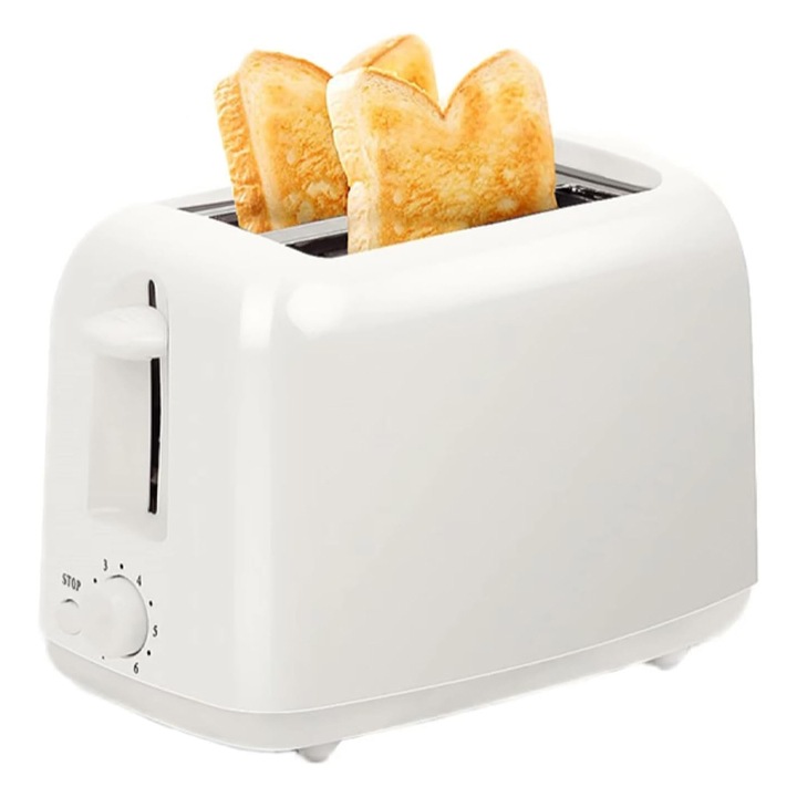 Kétszeletes kenyérpirító, Rqiurpn, 750 W, 2 szelet, 6 pirítási fokozat, újramelegítő és kiolvasztó funkció, rozsdamentes acél, fehér