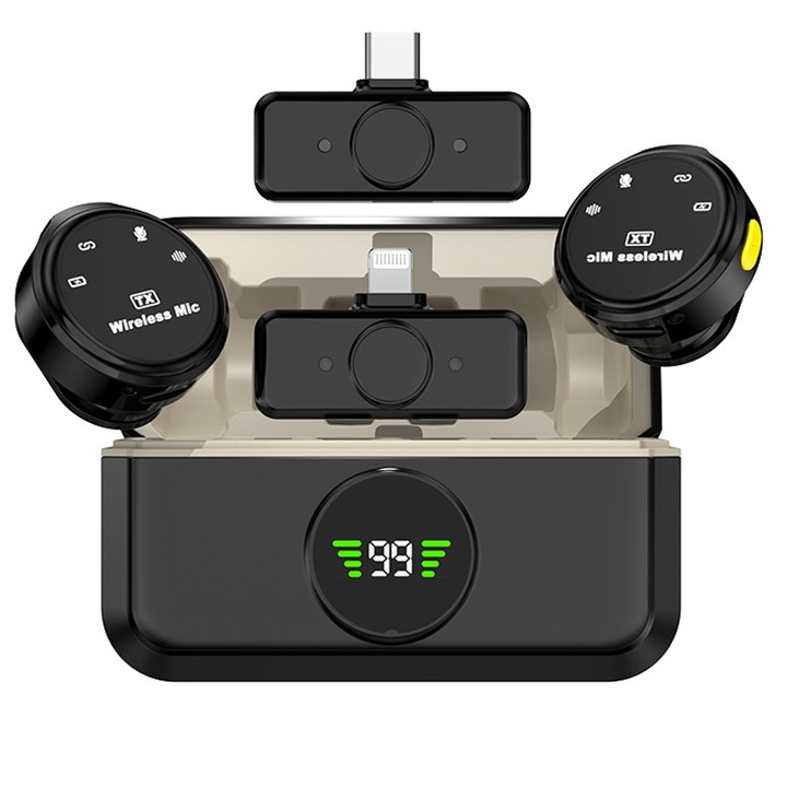 Set 2 Microfoane Profesionale Lavaliera 4 in 1, Omelivon, Compatibil Android/Ios, AI Noise Reduction, Sunet Omnidirectional 360º, Plug And Play, Incarcare Rapida, 30M Camp Activ, Carcasa Magnetica Protectie si Incarcarcare cu Afisaj Digital, Negru