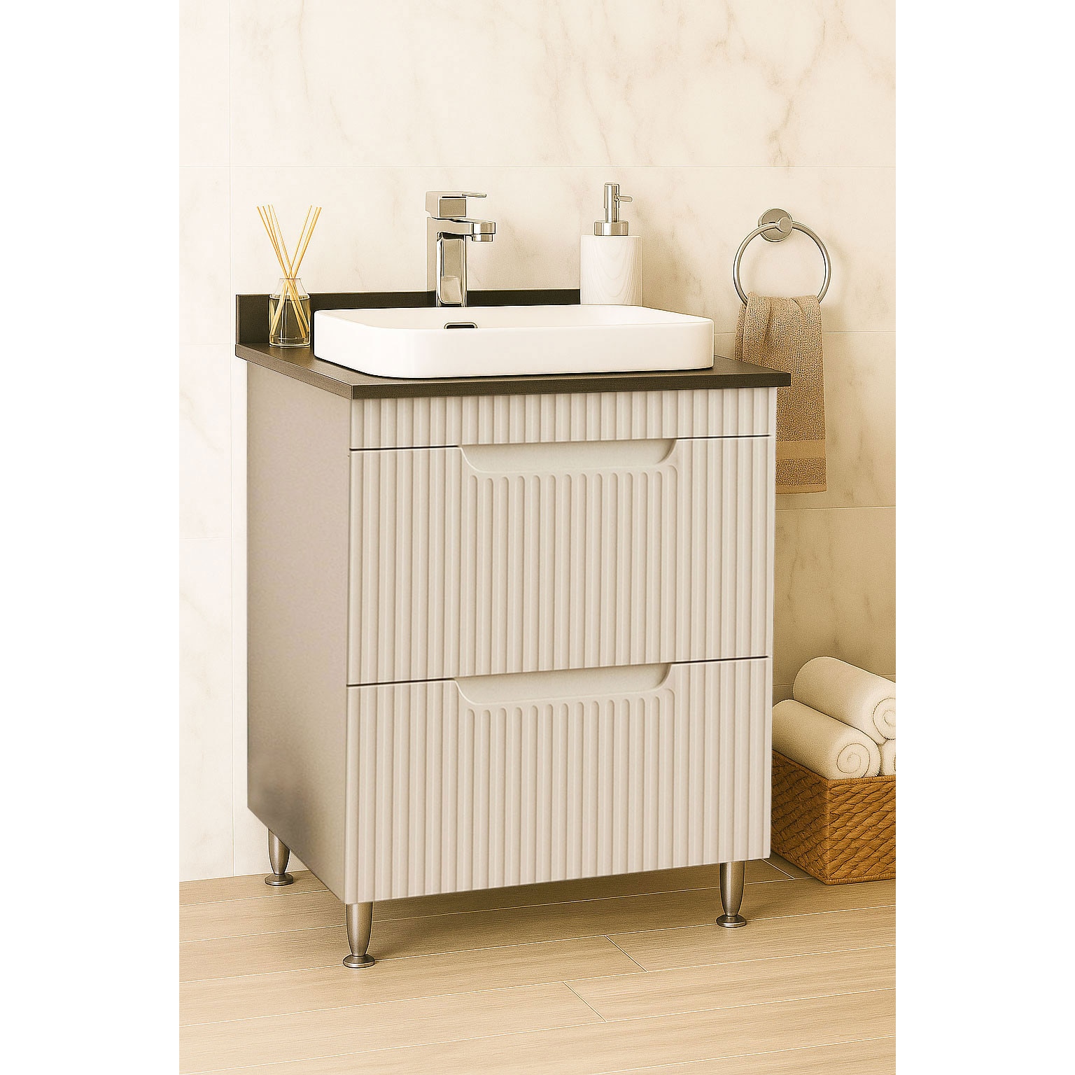 Set Mobilier Baie MDF cu blat compozit si lavoar ceramica, soft