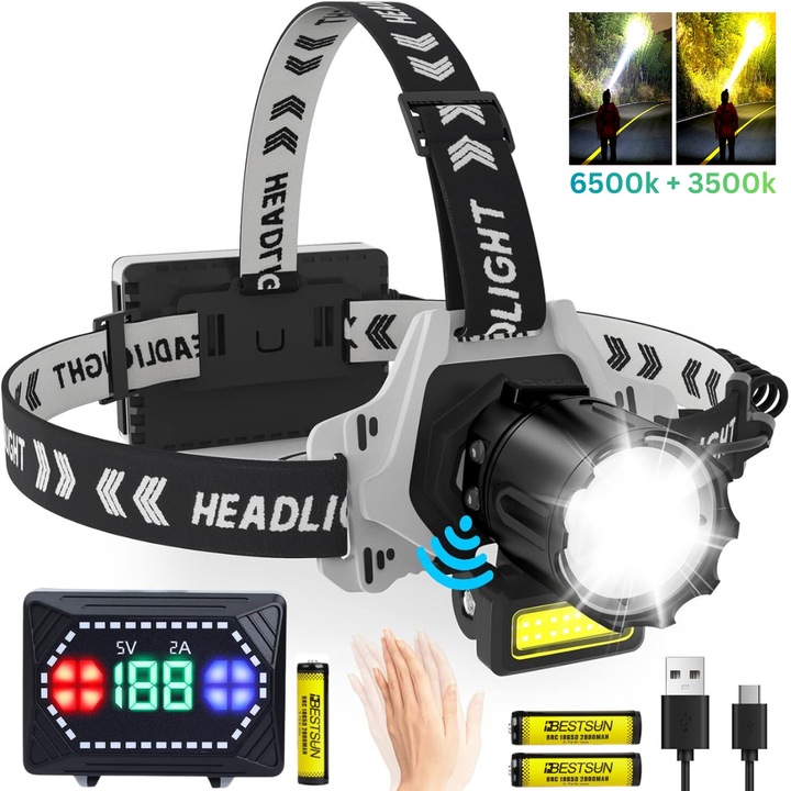 LED челник LASER + COB с 3 включени батерии, сензор за движение и ZOOM, Dasbo®, супер ярък алуминиев, USB зареждане, водоустойчив, видимост над 500 м, 5 режима на светене, 12000 лумена, топла + студена светлина