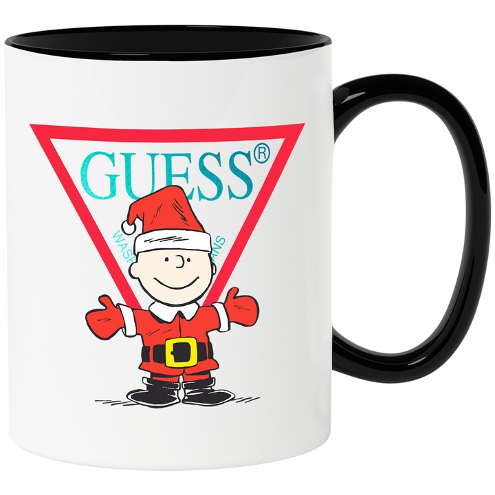 Cana Cu Snoopy, Cu Textul "Guess" - Design 2, Ceramica, 330ML, Cu Maner si Interior Negru