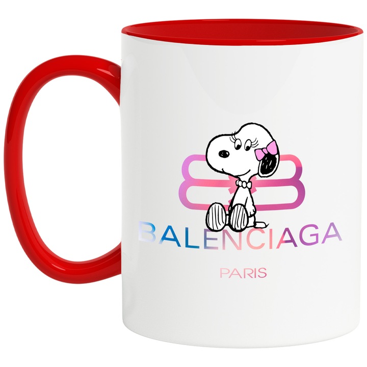 Cana Cu Snoopy, Cu Textul "Balenciaga Paris" - Design 4, Ceramica, 330ML, Cu Maner si Interior Rosu