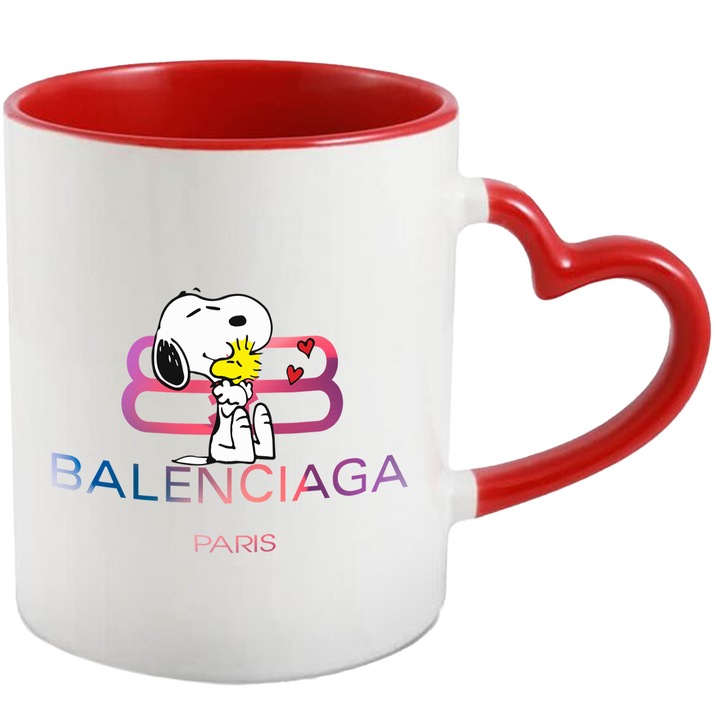 Cana Cu Snoopy, Cu Textul "Balenciaga Paris" - Design 5, Ceramica, 330ML, Cu Maner Inima Rosie si Interior Rosu