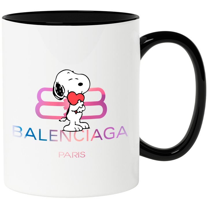 Cana Cu Snoopy, Cu Textul "Balenciaga Paris" - Design 7, Ceramica, 330ML, Cu Maner si Interior Negru