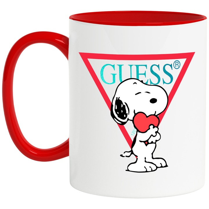 Cana Cu Snoopy, Cu Textul "Guess" - Design 7, Ceramica, 330ML, Cu Maner si Interior Rosu
