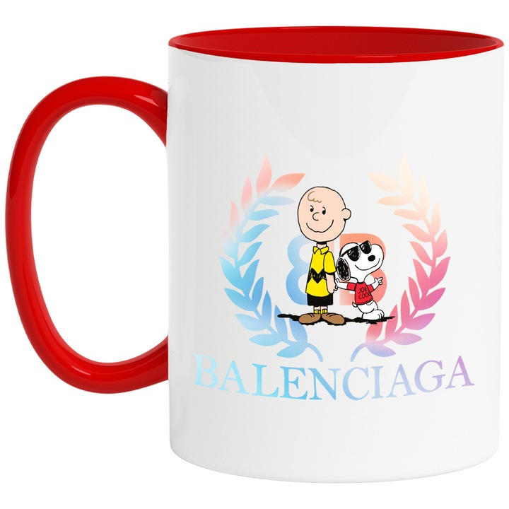 Cana Cu Snoopy, Cu Textul "Balenciaga" - Design 8, Ceramica, 330ML, Cu Maner si Interior Rosu