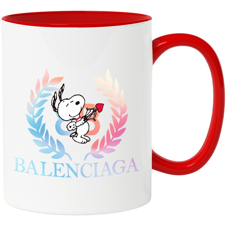 Cana Cu Snoopy, Cu Textul "Balenciaga" - Design 9, Ceramica, 330ML, Cu Maner si Interior Rosu
