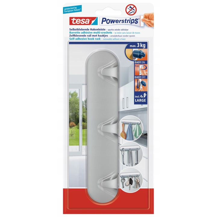 Suport autoadeziv Tesa Powerstrips, set cu 3 carlige, argintiu, 20x4.2x1.8cm